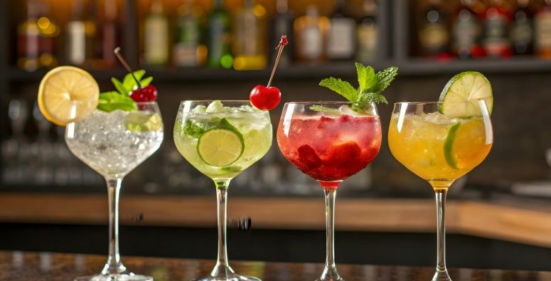 bartop with 4 different alcoholic drinks in margarita glasses