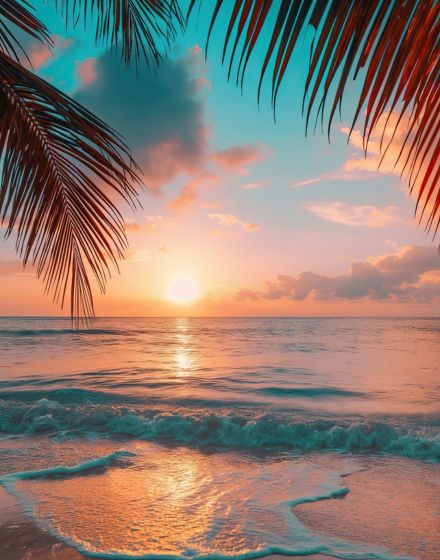 beach during sunset with ocean waves and palm tree leaves
